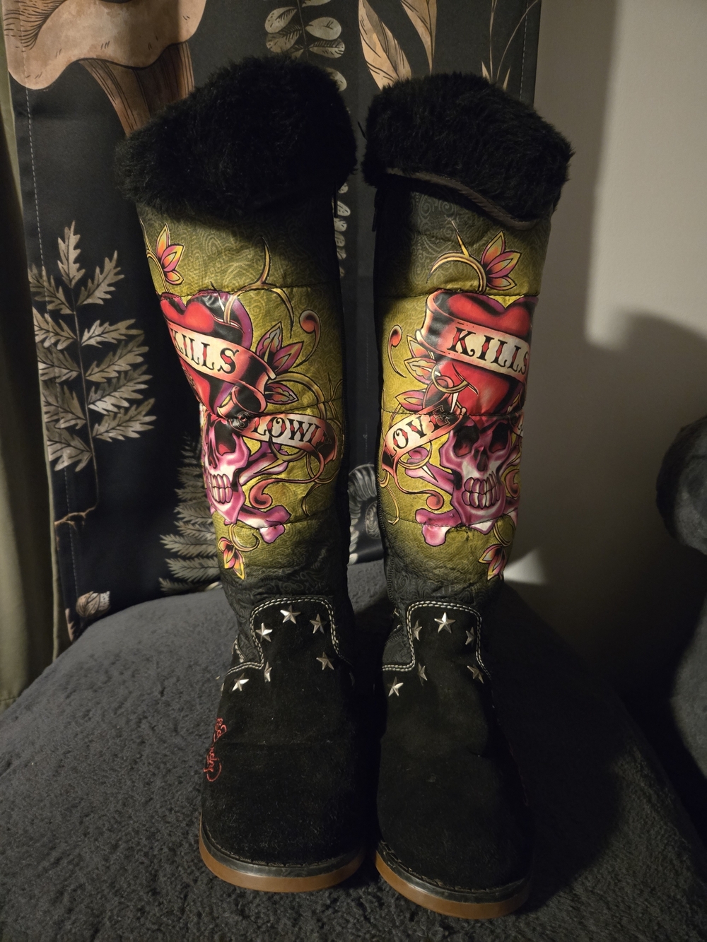 Ed Hardy Black Suede Tall Boots with Pink Skull Graphic